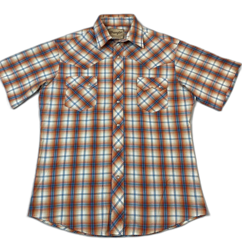 WRANGLER Western Fashion Ombre Check Plaid Sawtooth Pocket Pearl Snap Shirt M